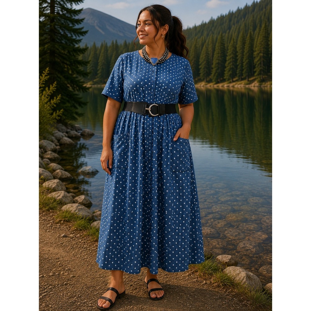 Womens 20W Blue Polka Dot Denim Look Button Front Dress Short Sleeve Cottagecore